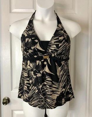 Camiseta de natación Tankini Tropical Escape para mujer 16 negra tostada estampado botánico halter Foto 1 de 4