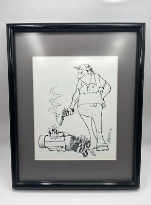 Golfista frustrado por Jon Jahraus dibujo de dibujos animados en blanco y negro enmarcado 11x14. Foto 1 de 4