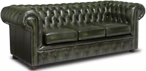 Chesterfield Three Seater Sofa Italian Antique Green Leather - Picture 1 of 4