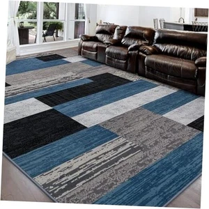 Modern Geometric Patchwork Area Rug, 8x10 Blue Large Rugs for Living Room, - Picture 1 of 8