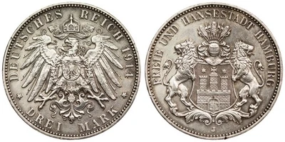German Empire 3 Mark 1914 Hamburg Coat of Arms Silver Coin - Image 1 of 3