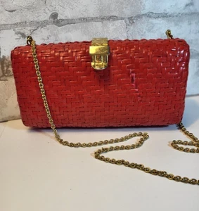 Bolso sin asas bandolera vintage Rodo Italia rojo con acento dorado tejido de mimbre - Imagen 1 de 11