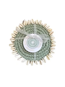 Juego de posavasos hechos a mano conchas verdes salvia y cuentas - Imagen 1 de 2