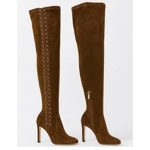 Jimmy Choo Marie 100 Braun Wildleder Overknee Socken Stiefel EU 36 High Heel Schnürung - Bild 1 von 14