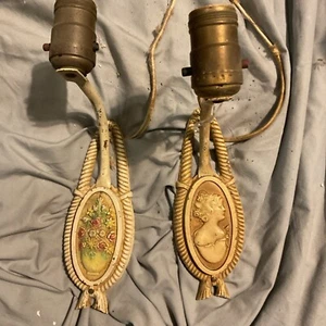 Vintage 1930s Pair Of Art Deco Metal  Wall Sconces Cast Metal Cream Cameo Flower - Picture 1 of 9