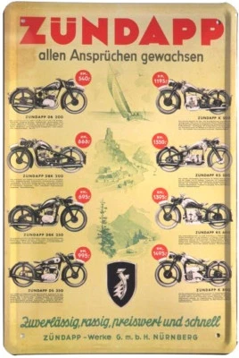 TIN SIGN Blechschild 20x30 Zündapp Programm Kult Motorrad Werbung Plakat Werkstatt Schild