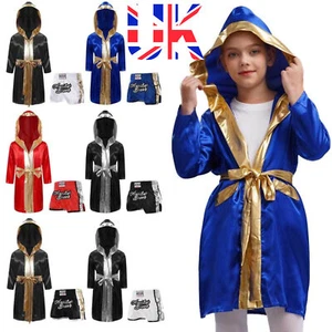 Boys Girls Boxing Costume Shiny Satin Belted Robe Hooded Cloak with Shorts Set - Picture 1 of 31
