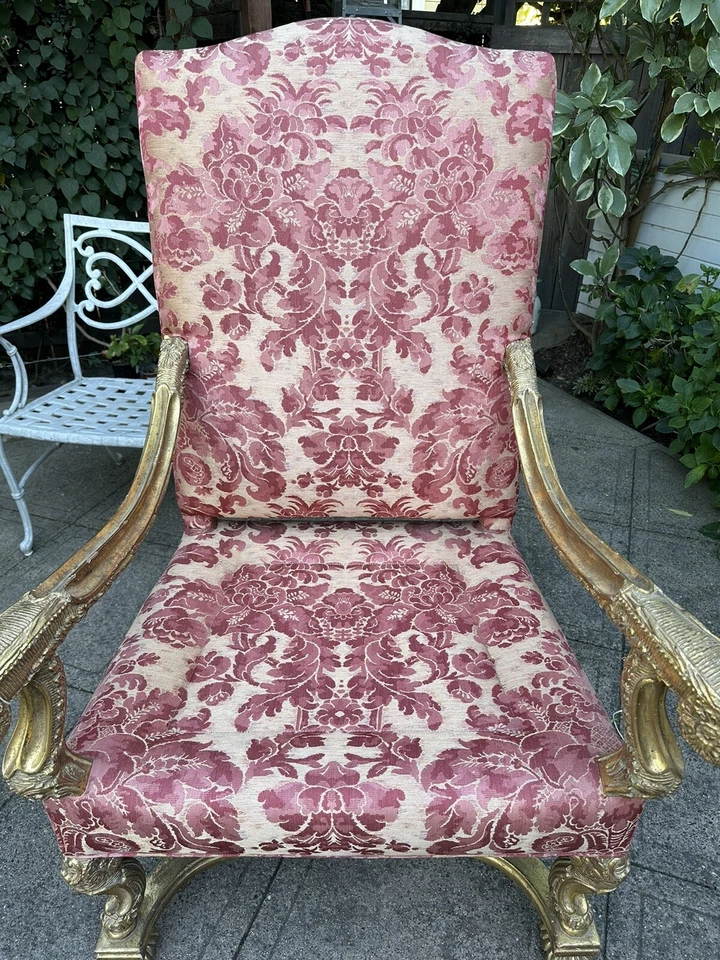 French Louis XV Giltwood Chair Rose Pink & Red Fortuny Style High end Fabric - Image 1 of 4