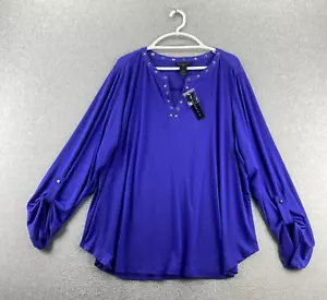 Investments Top Blouse Plus 3XL Blue Long Sleeve Roll Tab V-Neck Studded NEW - Picture 1 of 10