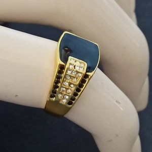 Men's Ring Gold Tone Black Enamel Retro Rhinestone Signet Pinky 9 Flat Square - Picture 1 of 13