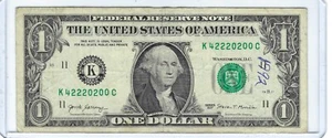 Fancy Serial Number 1 Dollar Bill Note 2017 TRINARY LOW SUM (12) K42220200C - Picture 1 of 3