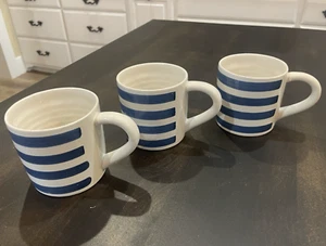 3 Pottery Barn Hand Crafted Stoneware Thailand 3.5" Mugs Blue White Striped B143 - Picture 1 of 9