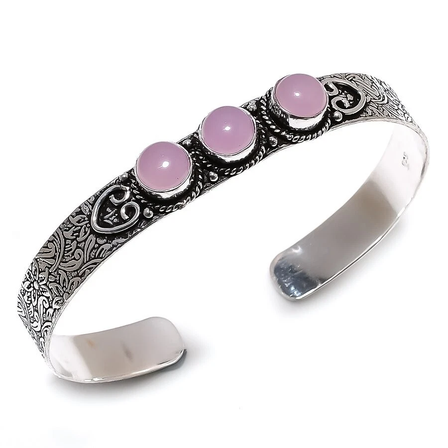 Brazalete ajustable de plata de ley 925 hecho a mano con piedras preciosas de cuarzo rosa Foto 1 de 1