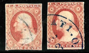 Sc #11/11a x 2 Shades 1 Blue Cancel 3 Cent Washington 1851-7 US 82B76 - Picture 1 of 4