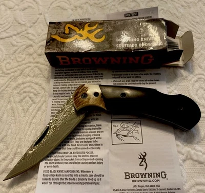 CUCHILLO PLEGABLE DAMASCO MARRÓN “SEGUNDA OPORTUNIDAD” MANGO DE ÉBANO Y CIERVO Foto 1 de 4