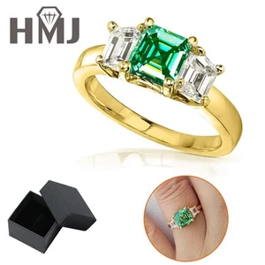 2CT Asscher Cut Green Moissanite Ring S925 Silver Plated 18K Gold Wedding Rings - Picture 1 of 18