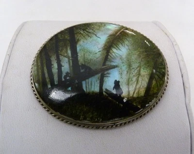 ANTIQUE VINTAGE ART DECO BEAR CUBS IN WOODS BUTTERFLY WINGS LARGE OVAL PIN - Image 1 of 4