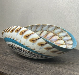 ART GLASS Bowl Folded Sea Shell Large 21" Turquoise Beach 4012 - Picture 1 of 11