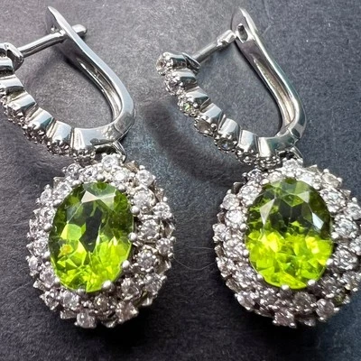 Peridot and zircon drop halo earrings in rhodium over sterling silver - Image 1 of 4