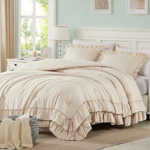 Beige Comforter Set – Twin XL Ruffle Farmhouse Bedding Set – Shabby Chic Fluf... - Picture 1 of 5