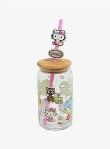 Hello Kitty & Friends Flower Crowns Glass Cup W/ Straw & Charm Official Sanrio - Picture 1 of 2