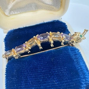 Broche oruga vintage sólido oro amarillo 14kt citrino amatista esmeralda - Imagen 1 de 10
