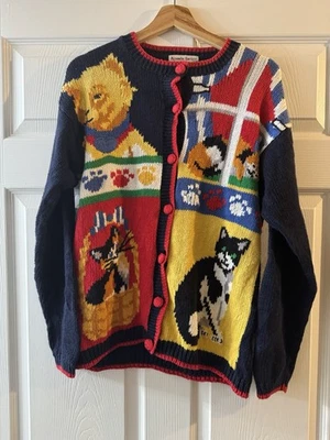 Raro Cárdigan Alexandra Bartlett Vintage Frente de Gato Gráfico Suéter Mediano Foto 1 de 4