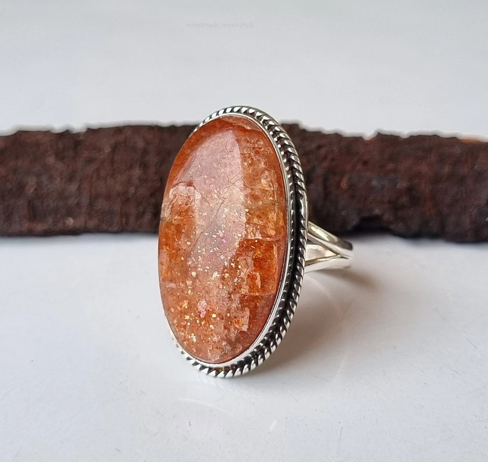 Pedra preciosa glitter oval pedra do sol prata esterlina 925 feita à mão presente seu anel PG1467 - Imagem 1 de 3