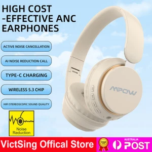 MPOW J2 Active Noise Cancelling Headphones Wireless Bluetooth Headsets Mic 24Hrs - Picture 1 of 15