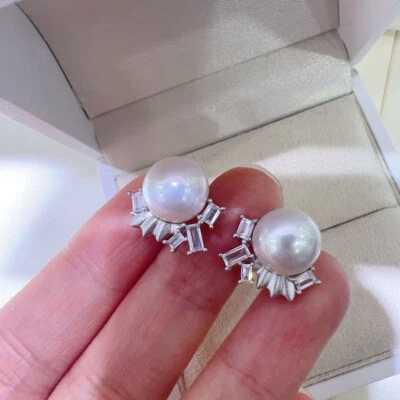 lindo par de brincos de pérola branca 9-10mm mar do sul 925s - Imagem 1 de 4