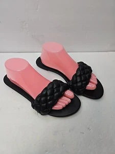 Fashion Nova Shoes Womans 10 Black Faux Leather Slip On Flat Slides Casual Beach - Picture 1 of 15