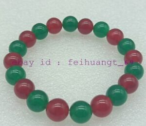 10mm Green Emerald & Red Ruby Round Gem Beads Fashion Stretch Bracelet 7.5"