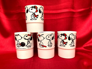 4 VINTAGE PEANUTS 3" X 4" PLASTIC 13 Oz. TUMBLERS with Various SNOOPY Characters
