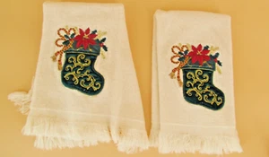 Handcrafted Set of 2 Christmas Stocking Finger Tip Towels Off White Embroidered - Picture 1 of 2