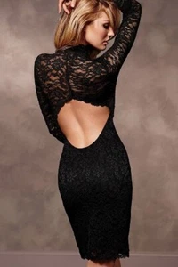 Womens Black Lace Backless Bodycon Dress Long Sleeve Party Mini Clubwear - Picture 1 of 2