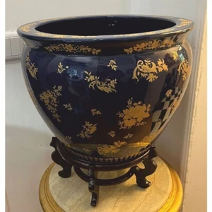 Casa Padrino Antik Stil Porzellan Blumen Übertopf Dunkelblau / Gold - Bild 1 von 2