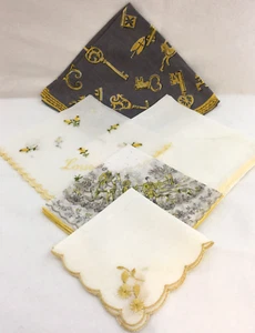 Handkerchiefs White Gray Gold Scalloped Edge Antique Keys Floral VTG Lot of 5 - Picture 1 of 13