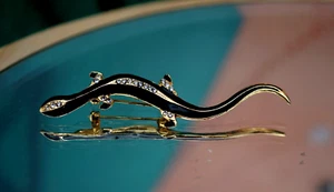 Vintage Salamander Lizard Black Enamel Rhinestones Brooch - Picture 1 of 11