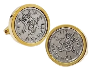 1949 Sixpence in 9 Karat Goldplatte Herren 69. Geburtstag Geschenk Manschettenknöpfe direkt - Bild 1 von 9