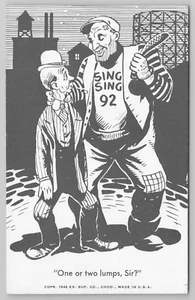 Comic Arcade Card Sing Sing Prison Prisoner with Billy Club & Victim Bowler Hat - Picture 1 of 4