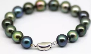 Natürliches AAAA + 9-10 mm Tahiti schwarz Multicolor Perlen Armband 7,5-8 Zoll 925S. - Bild 1 von 7