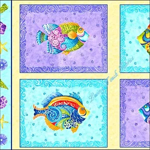 4 BLOCCHI Q.T. "GIOIELLI DEL MARE" 24333-X PANNELLO TESSUTO PESCE NAUTICO 24"X44" - Foto 1 di 3