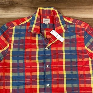 J. Crew Seersucker Shirt Mens Medium Chore Jacket Organic Cotton Madras Plaid - Picture 1 of 9