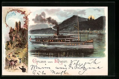Lithographie Königswinter, Ruine Drachenfels, Rheinpartie mit Dampfer Overstolz  - Bild 1 von 2