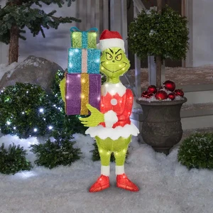 30" WEIHNACHTEN BELEUCHTETES TINSEL GRINCH MIT GESCHENKBOX STAPEL 3D HOF SKULPTUR DEKOR - Bild 1 von 3