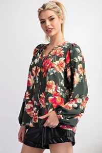 Neu Staffelei Damen Blumen Bindekragen Bluse Pullover gewebt Langarm Large grün - Bild 1 von 5