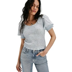 NEU Free People Cecelia Top Bluse gesmokt bestickt rosette blau Boho XS 128 $ - Bild 1 von 8