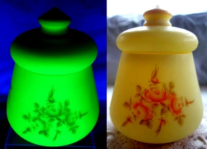 FENTON"ROSES BURMESE"LRG7"CANDY JAR/URN~VASELINE"SATIN GLASS"MINT~70's"HND PAINT - Picture 1 of 10