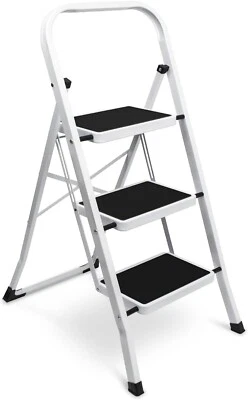 SZHLUX 3 Step Ladder Foldable Steel Stool with Wide Anti-Slip Pedals Convenient White