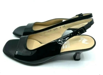 Ferragamo Mujer Negro Charol Cordones Punta Abierta Gatito Tacón Italia 8 2A Foto 1 de 4